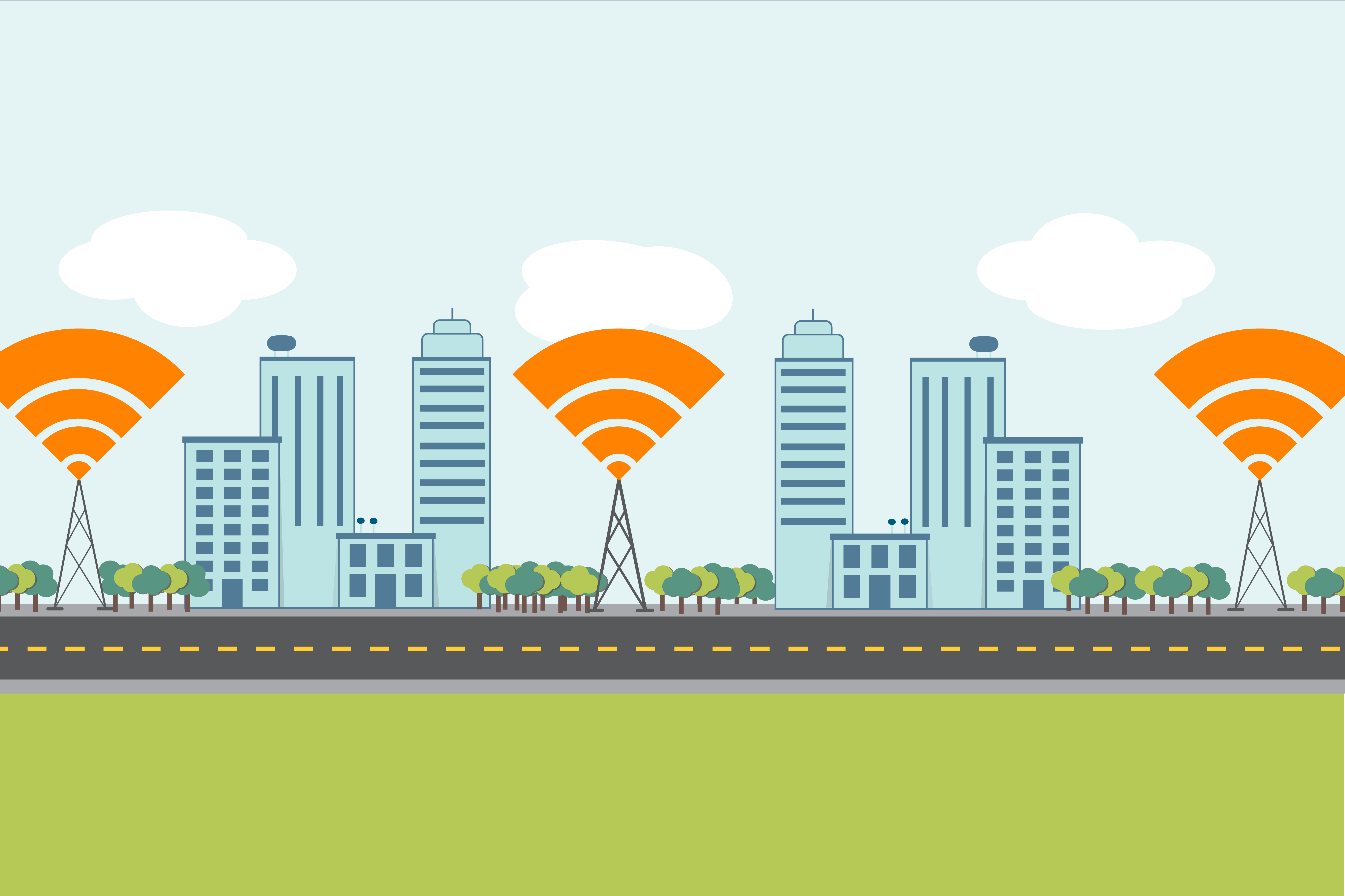 Illustration of a city with 5G towers